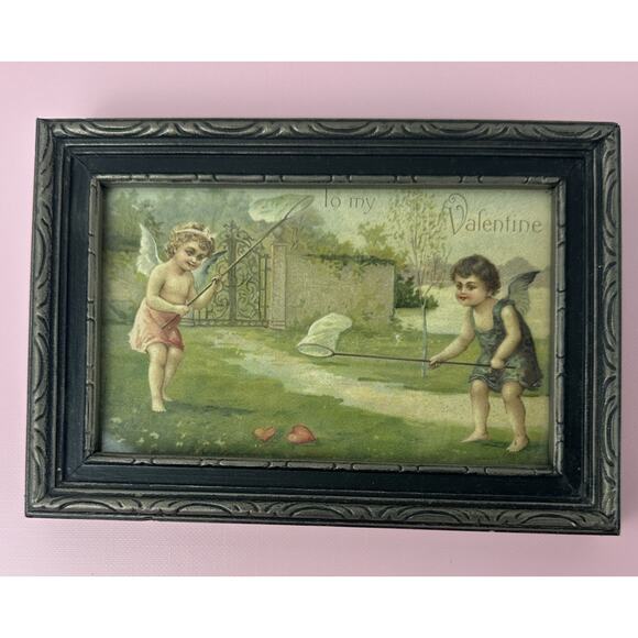 Antique Vintage Victorian 1911 Framed “Be My Valentine” Cherubs - Picture 1 of 9
